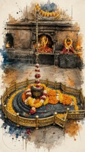 Artistic depiction of Bhimashankar Jyotirlinga beautifully decorated with sacred flowers and traditional offerings