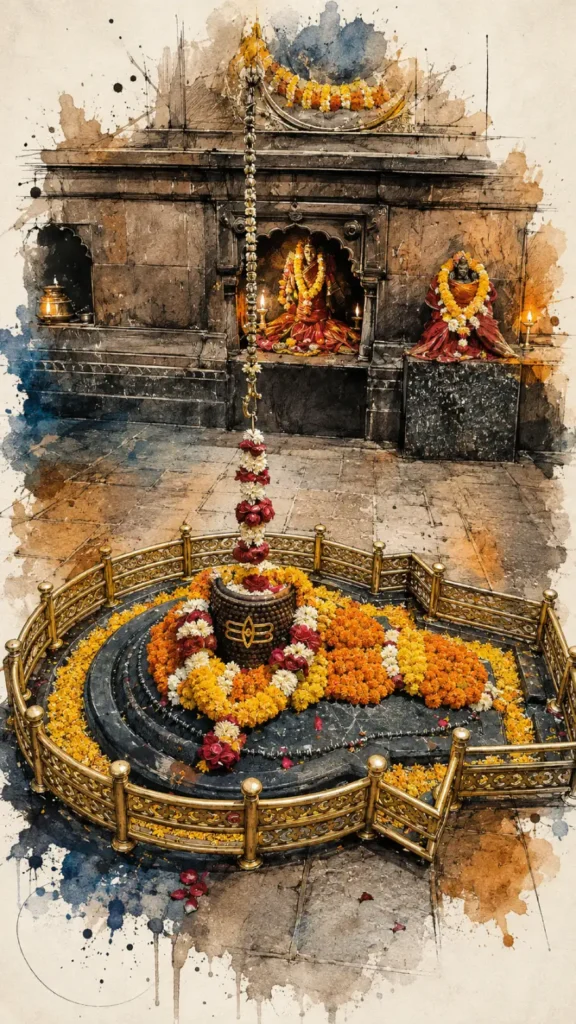 Artistic depiction of Bhimashankar Jyotirlinga beautifully decorated with sacred flowers and traditional offerings