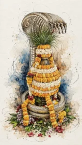 Artistic depiction of Kashi Vishwanath Jyotirlinga adorned with sacred ornaments and traditional decorations