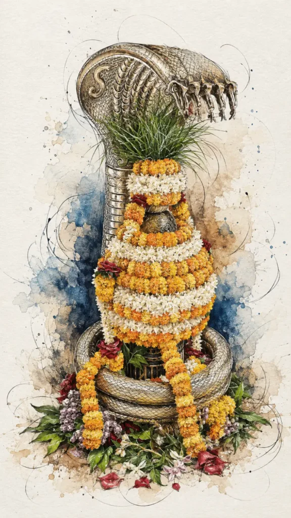 Artistic depiction of Kashi Vishwanath Jyotirlinga adorned with sacred ornaments and traditional decorations