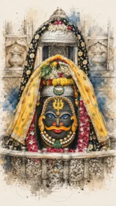 Artistic depiction of Mahakaleshwar Jyotirlinga adorned with traditional sacred decorations and offerings