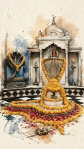Artistic depiction of Nageshwar Jyotirlinga beautifully adorned with flowers and traditional devotional decorations