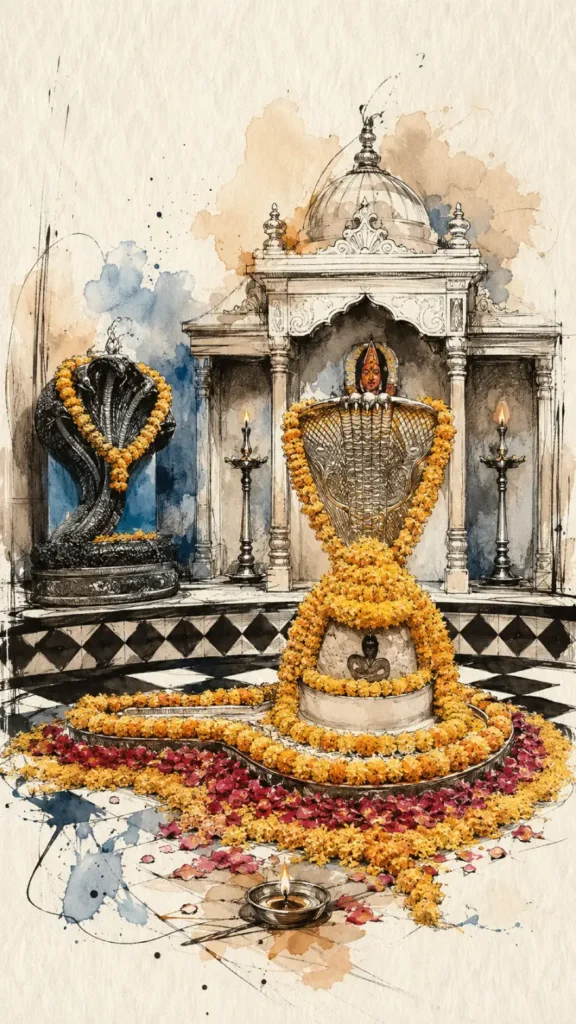 Artistic depiction of Nageshwar Jyotirlinga beautifully adorned with flowers and traditional devotional decorations
