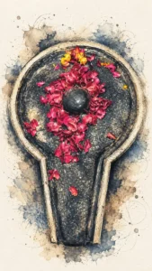 Artistic depiction of Baidyanath Jyotirlinga decorated with vibrant flowers and sacred offerings
