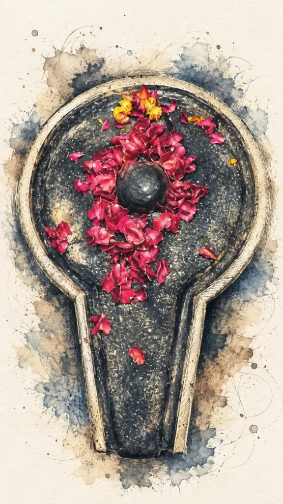 Artistic depiction of Baidyanath Jyotirlinga decorated with vibrant flowers and sacred offerings