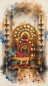 Artistic depiction of Rameshwaram Jyotirlinga richly decorated with flowers and traditional temple ornaments