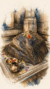 Artistic depiction of Kedarnath Jyotirlinga with traditional worship decorations in a sacred temple setting