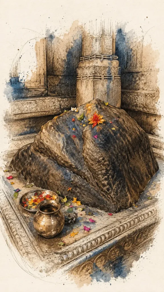 Artistic depiction of Kedarnath Jyotirlinga with traditional worship decorations in a sacred temple setting