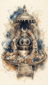 Artistic depiction of Somnath Jyotirlinga adorned with traditional flowers and sacred decorations