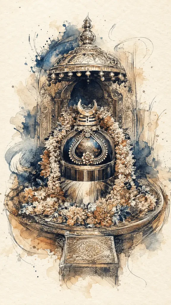 Artistic depiction of Somnath Jyotirlinga adorned with traditional flowers and sacred decorations