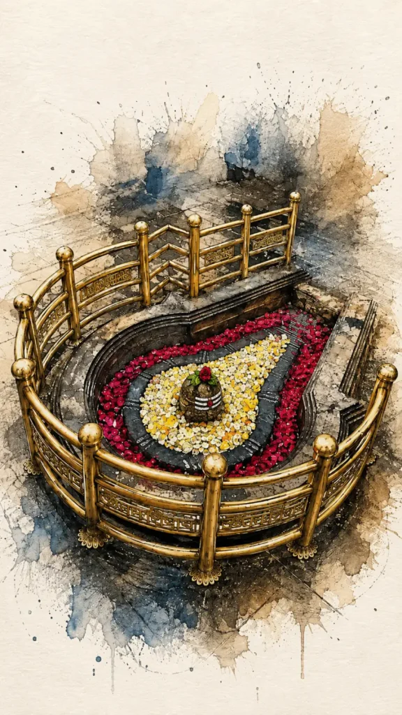 Artistic depiction of Grishneshwar Jyotirlinga decorated with flowers and traditional sacred offerings