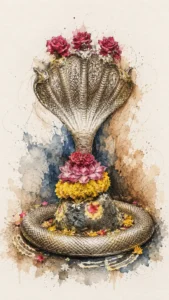 Artistic depiction of Omkareshwar Jyotirlinga adorned with sacred flowers and traditional devotional decorations
